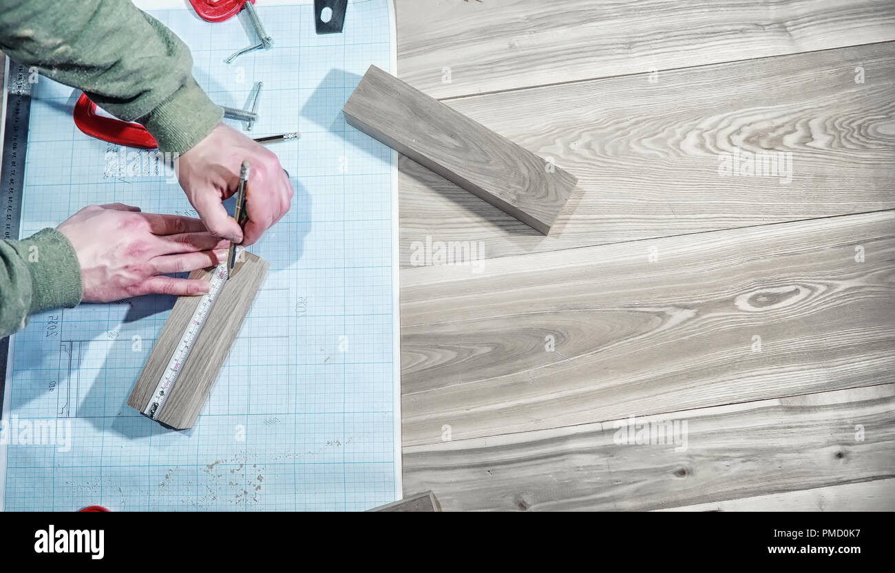 Workshop with tools and electric saws in the process Stock Photo