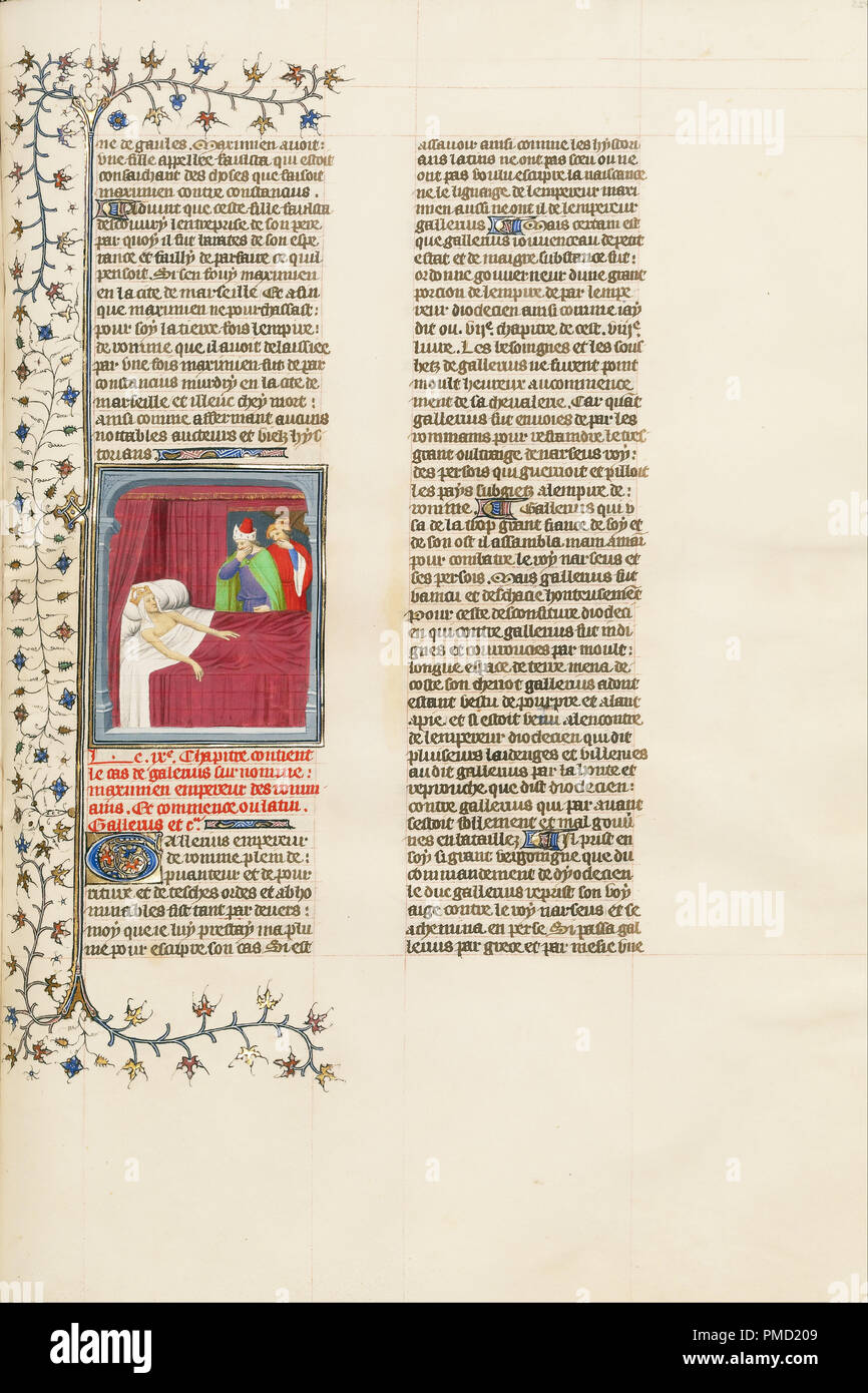 The Putrefaction of the Flesh of the Dying Emperor Galerius. Date/Period: Ca. 1413 - 1415. Folio. Tempera colors, gold leaf, gold paint, and ink on parchment. Height: 420 mm (16.53 in); Width: 296 mm (11.65 in). Author: UNKNOWN. Stock Photo