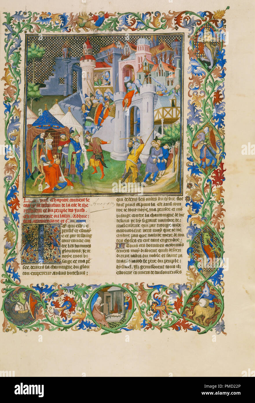 The Destruction of Jerusalem. Date/Period: Ca. 1413 - 1415. Folio. Tempera colors, gold leaf, gold paint, and ink on parchment. Height: 420 mm (16.53 in); Width: 296 mm (11.65 in). Author: UNKNOWN. Stock Photo