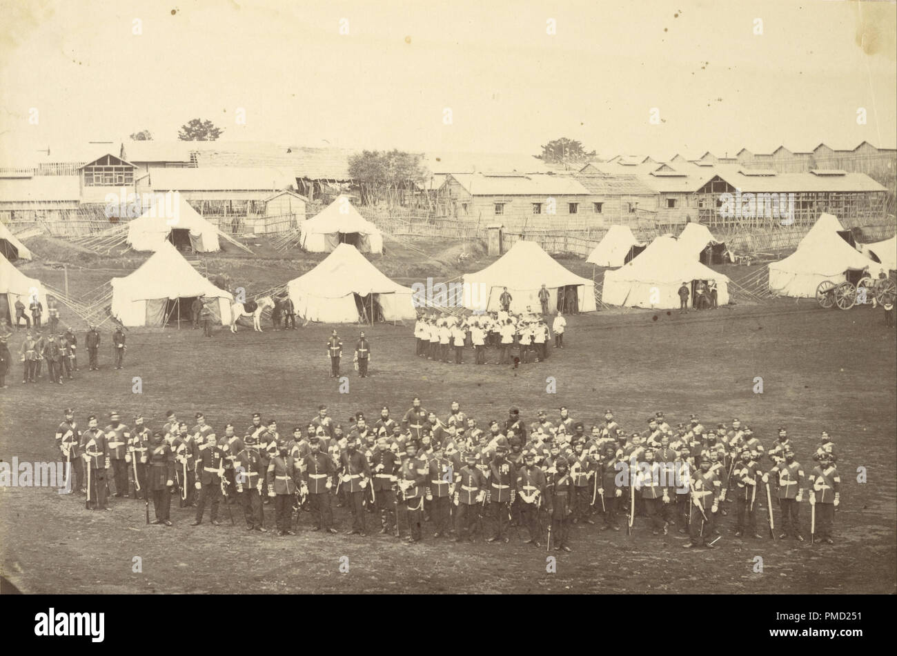 [Group Portrait of the Royal Marine Battalion]. Date/Period: Ca. 1864. Print. Albumen silver. Height: 194 mm (7.63 in); Width: 294 mm (11.57 in). Author: Felice Beato. Stock Photo