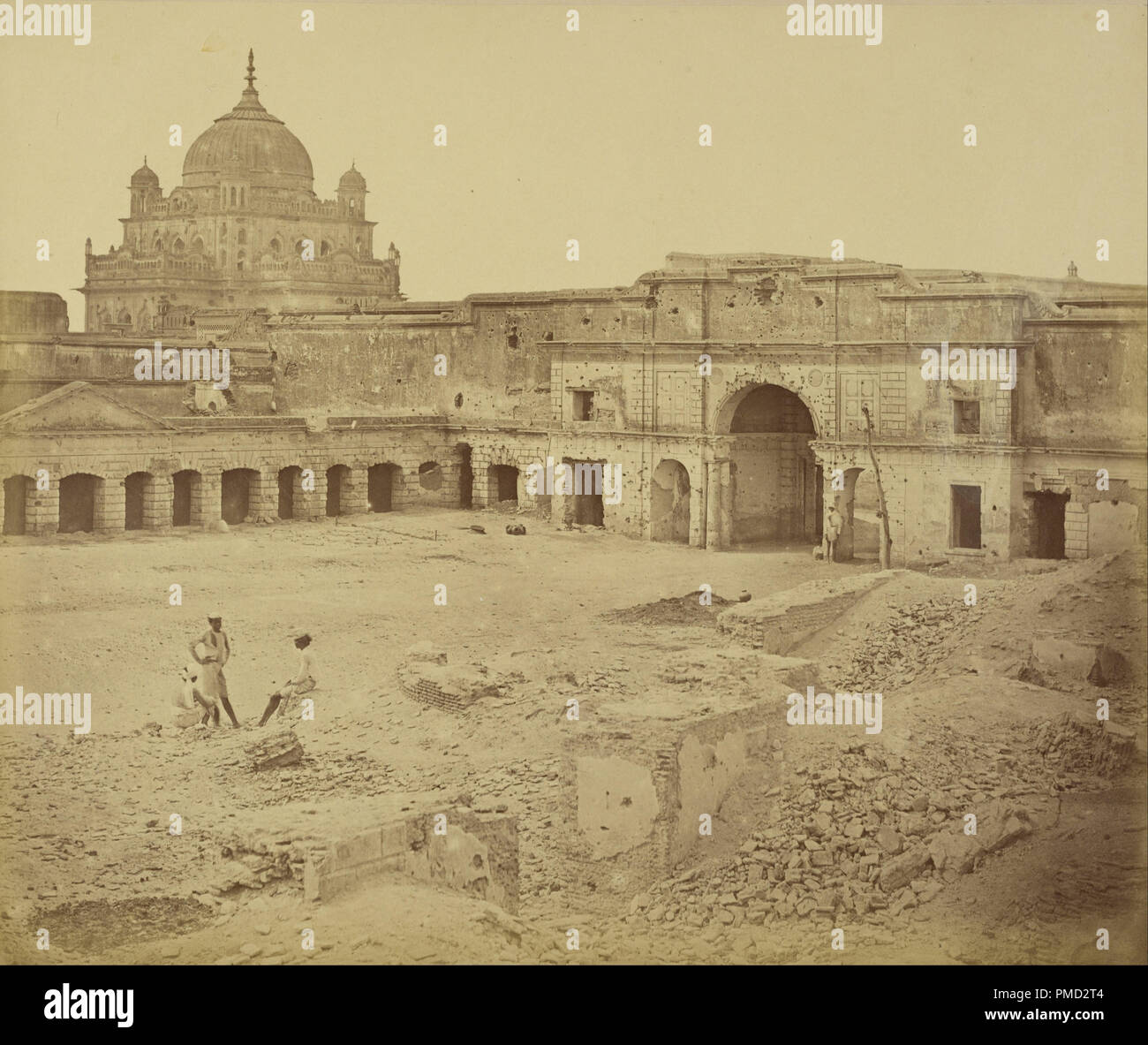 [Lesser Court of the Residency Occupied by Cavalry]. Date/Period: 1858. Print. Albumen silver. Height: 246 mm (9.68 in); Width: 294 mm (11.57 in). Author: Felice Beato. Stock Photo