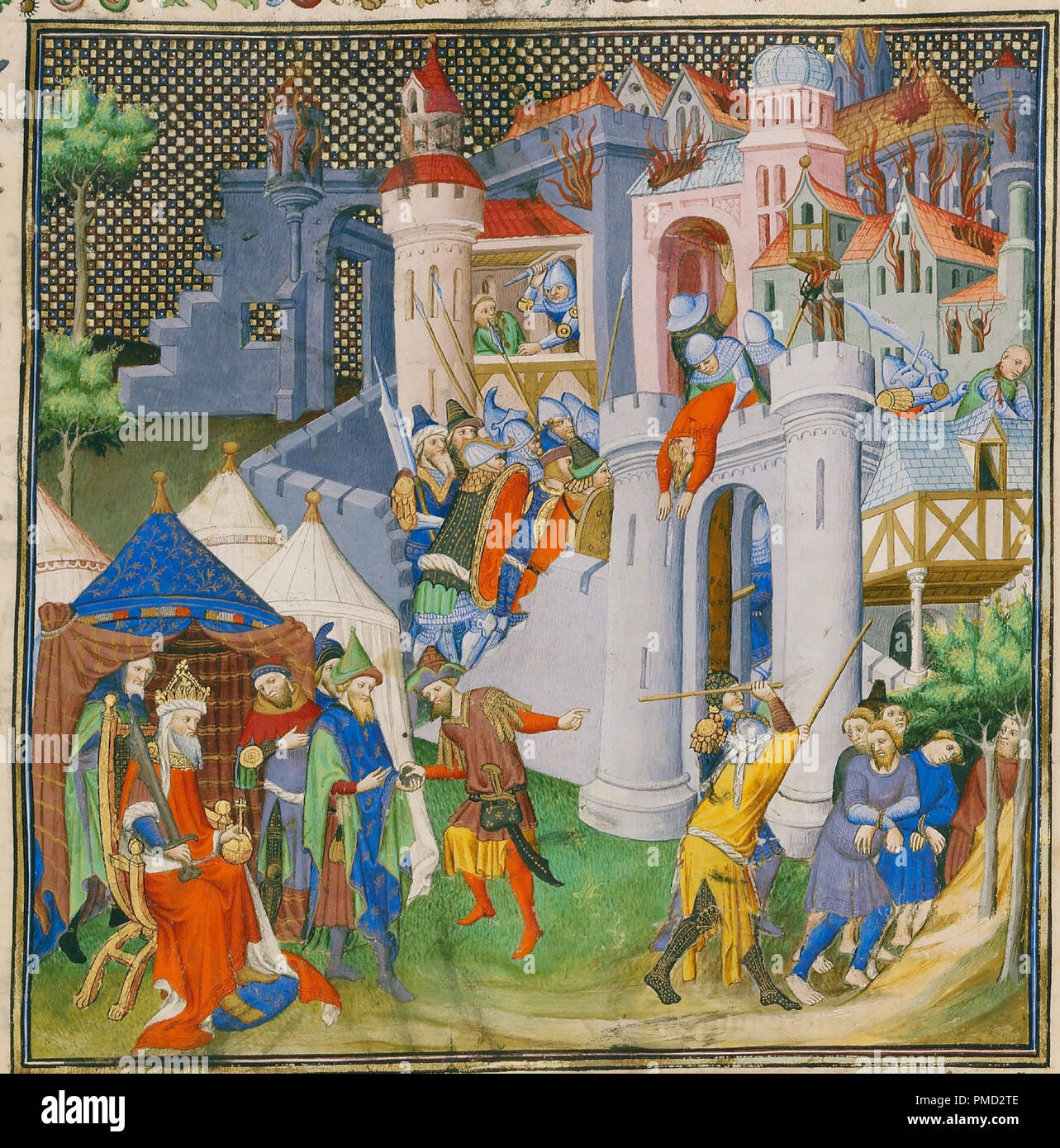 The Destruction of Jerusalem. Date/Period: Ca. 1413 - 1415. Folio. Tempera colors, gold leaf, gold paint, and ink on parchment. Height: 420 mm (16.53 in); Width: 296 mm (11.65 in). Author: UNKNOWN. Stock Photo
