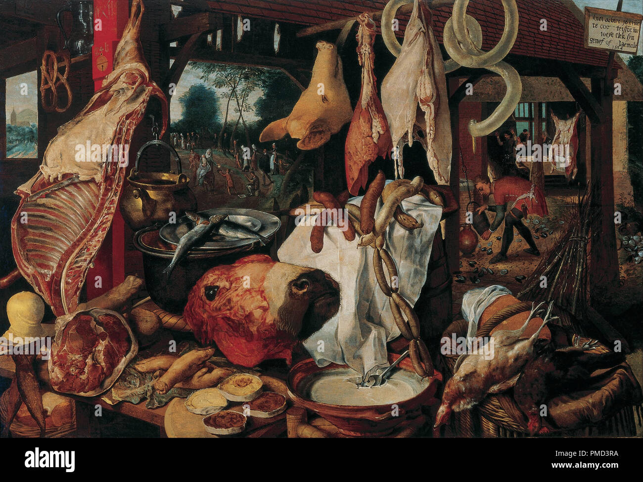Still Life with Meat and the Holy Family (Butcher's Stall with the Flight into Egypt / Meat Stall with the Holy Family Giving Alms). Date/Period: 1551. Painting. Oil on panel. Height: 111 cm (43.7 in); Width: 165 cm (64.9 in). Author: PIETER AERTSEN. AERTSEN, PIETER. Stock Photo