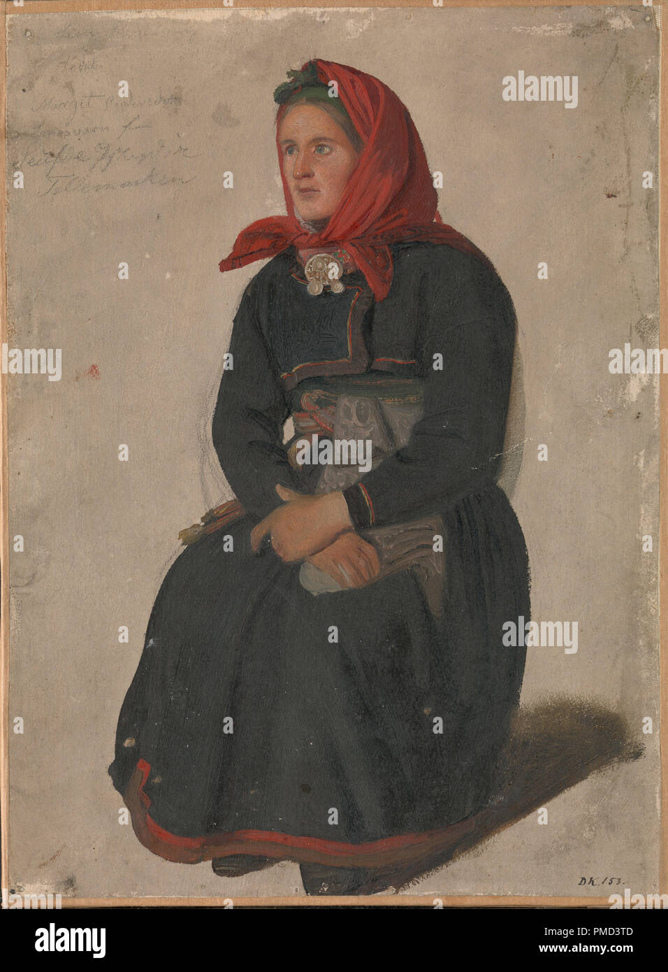 Peasant Woman from Telemark. Date/Period: 1844. Painting. Olje på papir oppklebet på trefiberplate. Width: 22 cm. Height: 29.5 cm. Author: Adolph Tidemand. Stock Photo