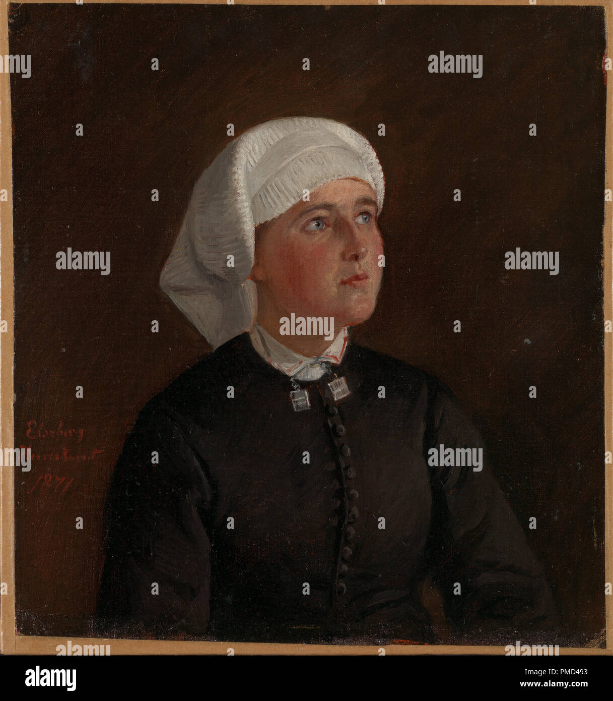 Portrait of Elseberg Herrestvedt. Date/Period: 1871. Painting. Olje på lerret oppklebet på trefiberplate. Width: 22 cm. Height: 23.5 cm. Author: Adolph Tidemand. Stock Photo