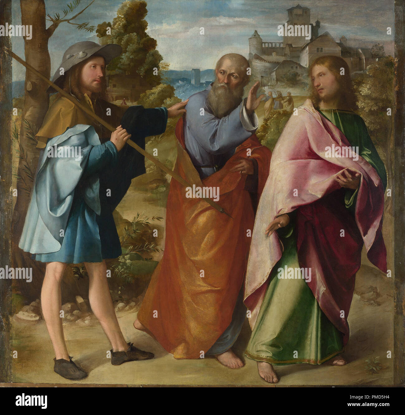 The Road to Emmaus. Date/Period: Between ca. 1516 and ca. 1517. Painting. Oil on panel. Height: 145.5 cm (57.2 in); Width: 144.2 cm (56.7 in). Author: ALTOBELLO MELONE. MELONE ALTOBELLO. Stock Photo