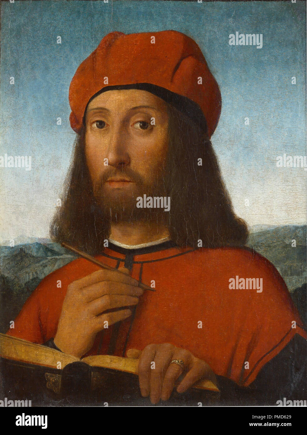 Portrait of a Man with Red Beret and Book. Date/Period: 1480s - 1490s. Painting. Height: 300 mm (11.81 in); Width: 230 mm (9.05 in). Author: ANTONELLO DE SALIBA. ANTONELLO DA SALIBA. Stock Photo