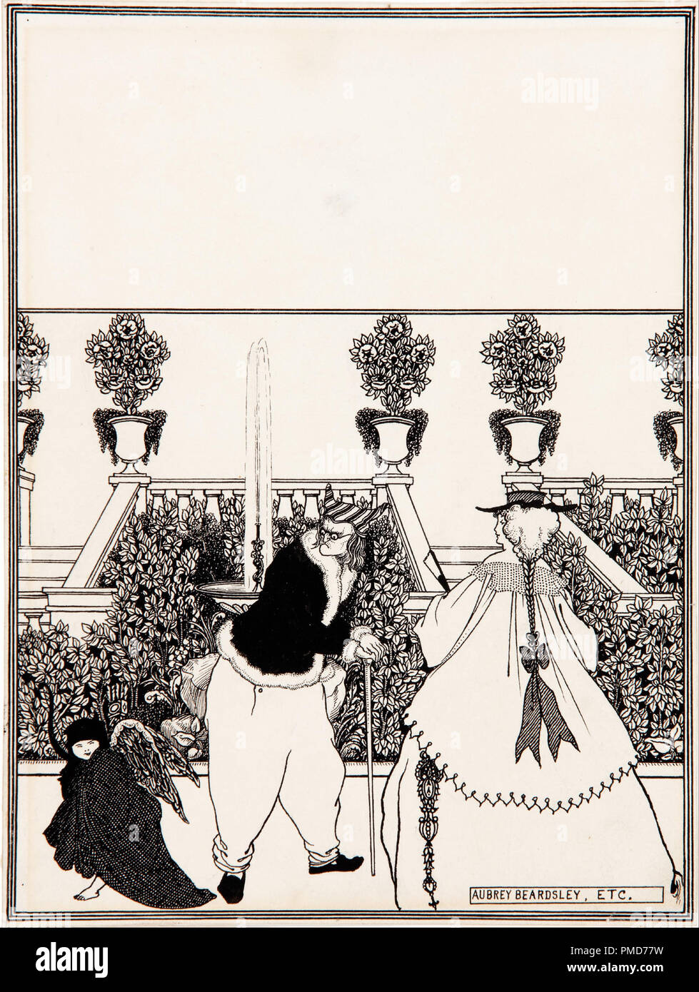 The driving of Cupid from the garden    preparatory drawing for the cover design of 'The Savoy', no.3, July 1896. Date/Period: 1896. Drawing. Pen, brush & ink on paper. Height: 24.70 mm (0.97 in); Width: 18.70 mm (0.73 in). Author: Aubrey Beardsley. BEARDSLEY, AUBREY. Stock Photo