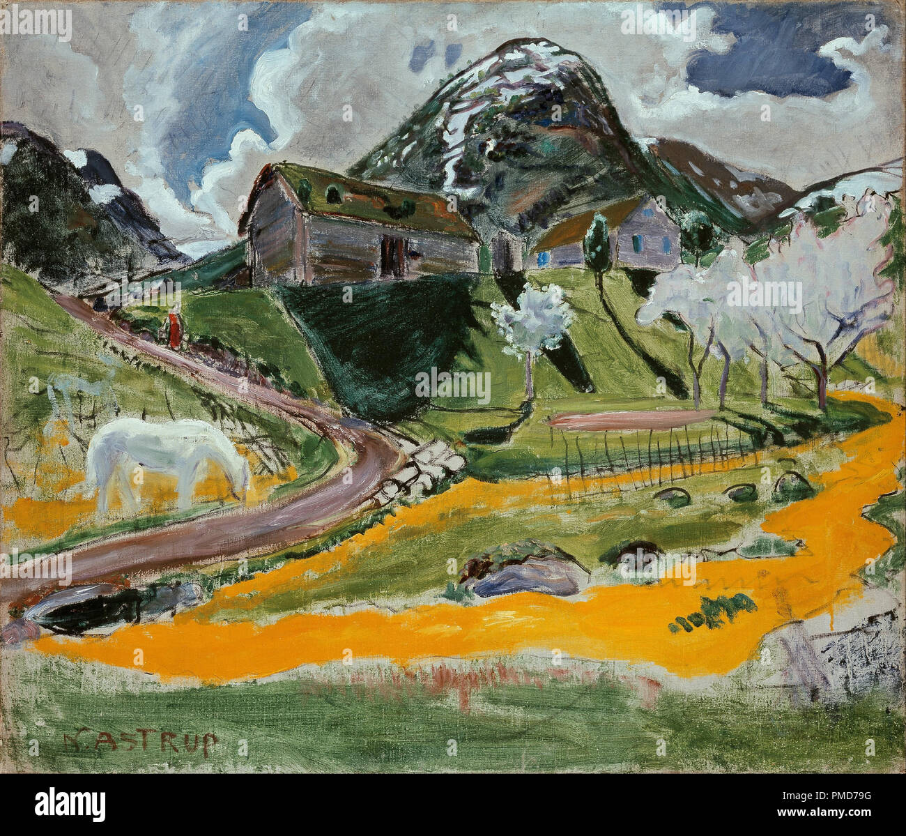 The white Horse in Spring. Date/Period: 1914/1915. Painting. Olje på lerret. Width: 105 cm. Height: 90 cm. Author: Nikolai Astrup. Stock Photo