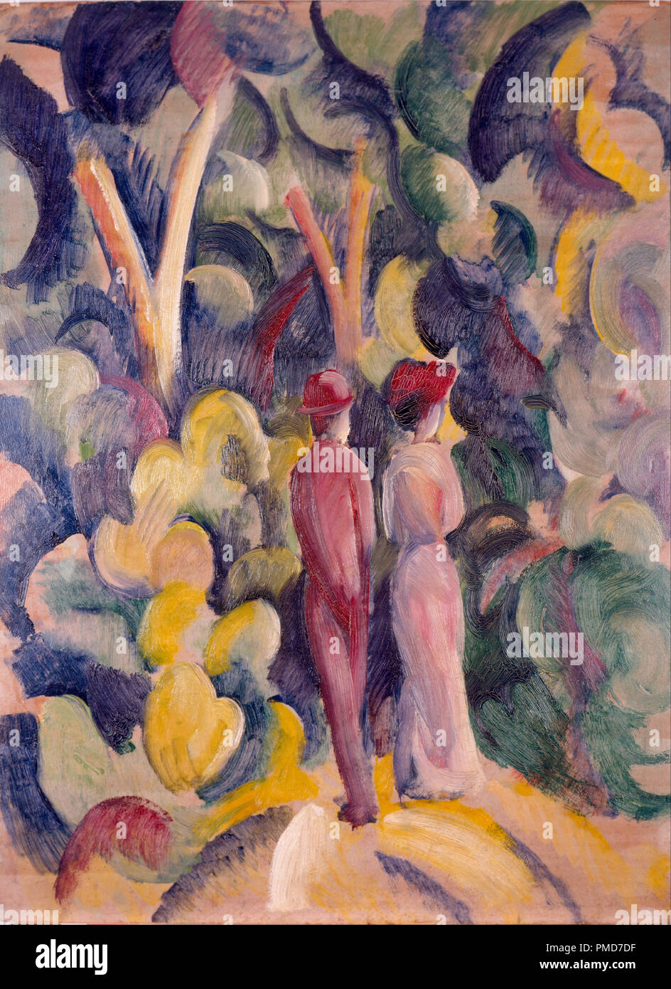 Couple on the Forest Track. Date/Period: 1913. Painting. Oil on paperboard. Width: 61.5 cm. Height: 81.5 cm. Author: August Macke. Stock Photo