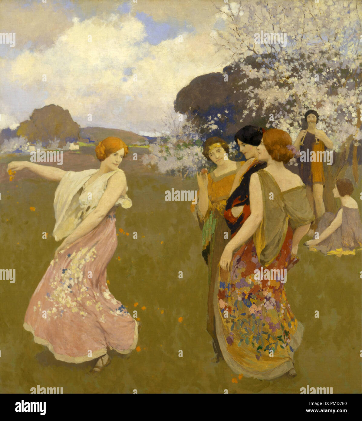 Spring Dance. Date/Period: Ca. 1917. Painting. Oil on canvas Oil on canvas. Height: 1,317.75 mm (51.87 in); Width: 1,209.80 mm (47.62 in). Author: Arthur F. Mathews. Mathews, Arthur Frank. Stock Photo