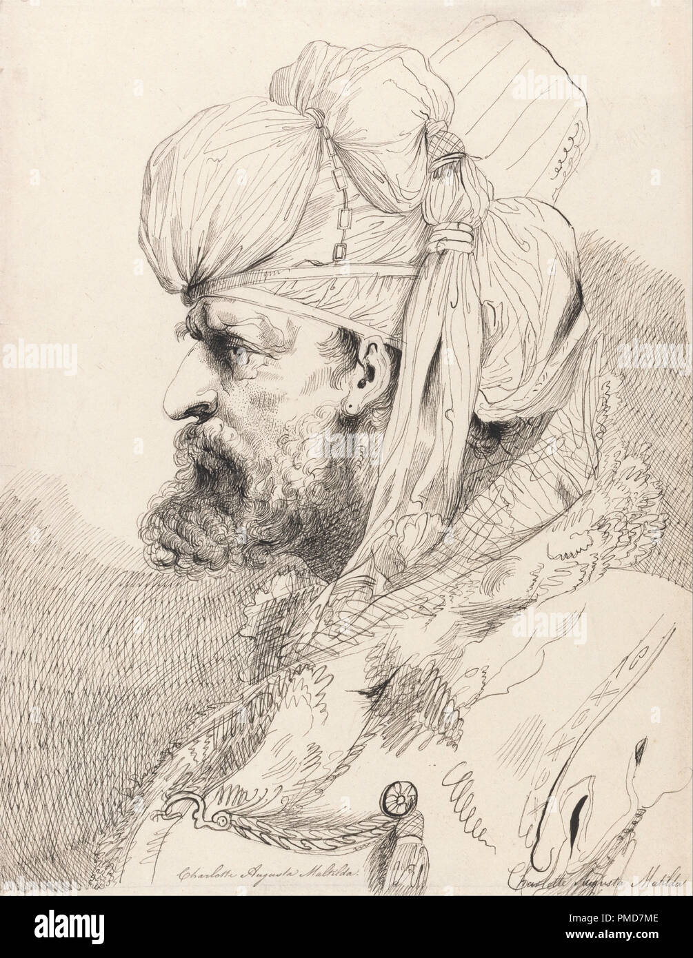 Head of an Aga of the Janisseries. Drawing. Pen and black ink on medium, slightly textured, cream wove paper. Height: 308 mm (12.12 in); Width: 241 mm (9.48 in). Author: after John Hamilton Mortimer. Princess Charlotte (later Queen Charlotte of Württemberg). Stock Photo