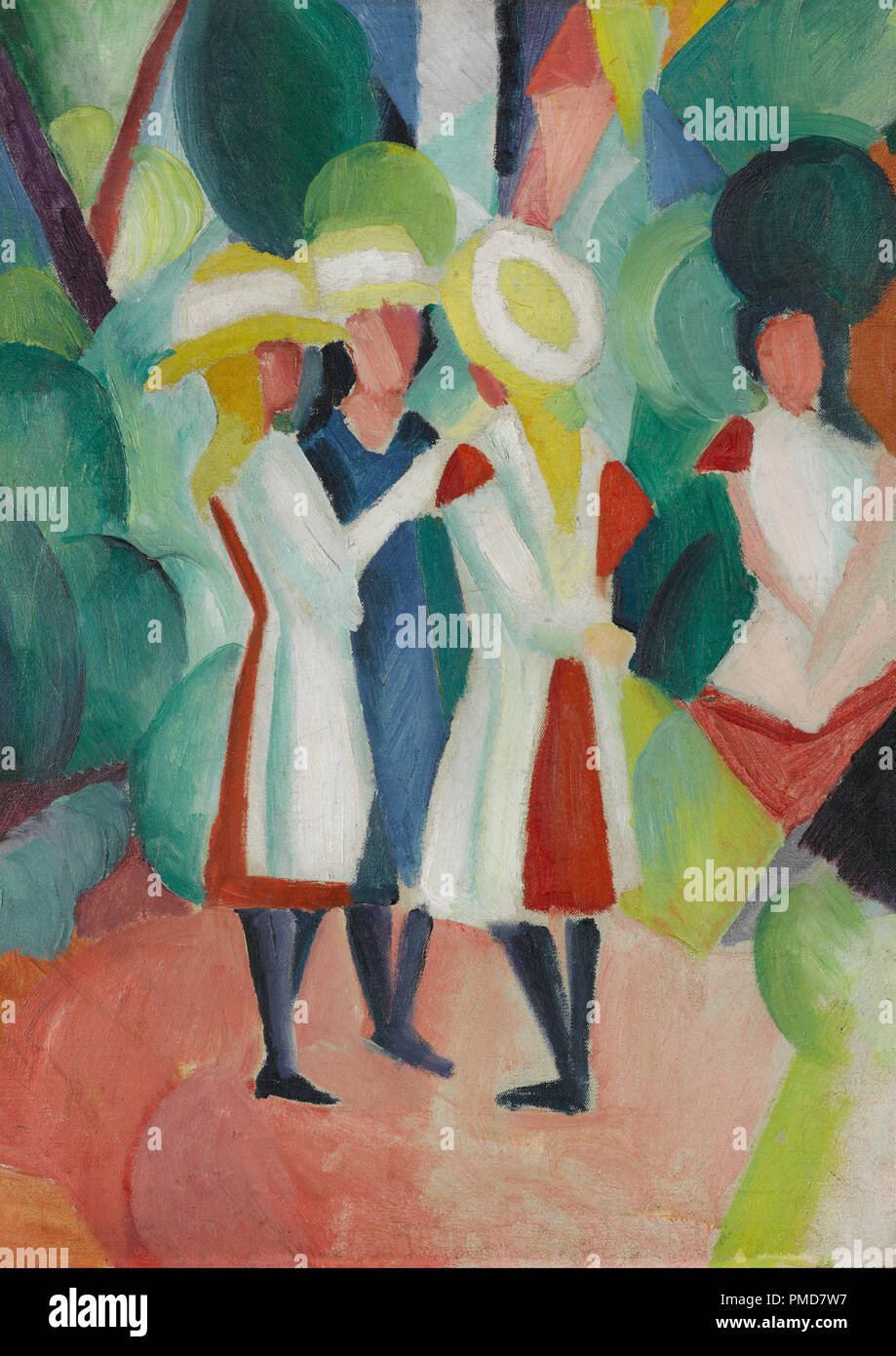 Three girls in yellow straw hats I. Date/Period: 1913. Painting. Oil on canvas. Height: 1,040 mm (40.94 in); Width: 875 mm (34.44 in). Author: August Macke. MACKE, AUGUST. Stock Photo