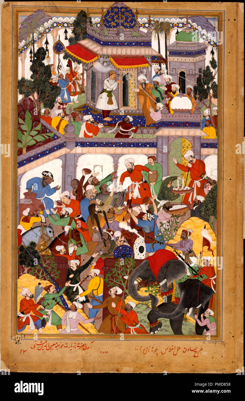 Akbar visits the tomb of Khwajah Mu'in ad-Din Chishti at Ajmer. Date/Period: 1590-1595 (painted) - 1595. Painting. Author: BASAWAN. Stock Photo
