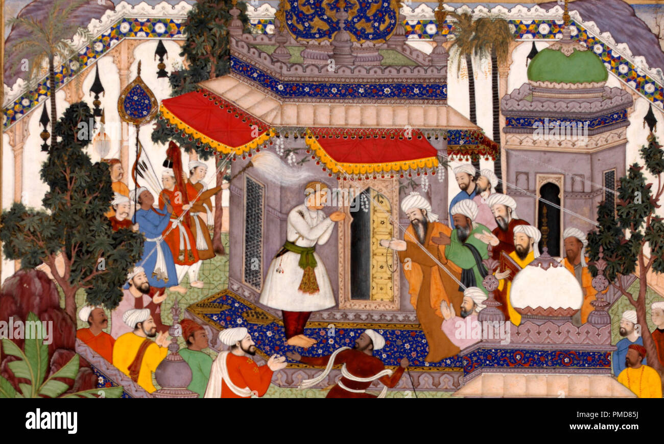 Akbar visits the tomb of Khwajah Mu'in ad-Din Chishti at Ajmer. Date/Period: 1590-1595 (painted) - 1595. Painting. Author: BASAWAN. Stock Photo