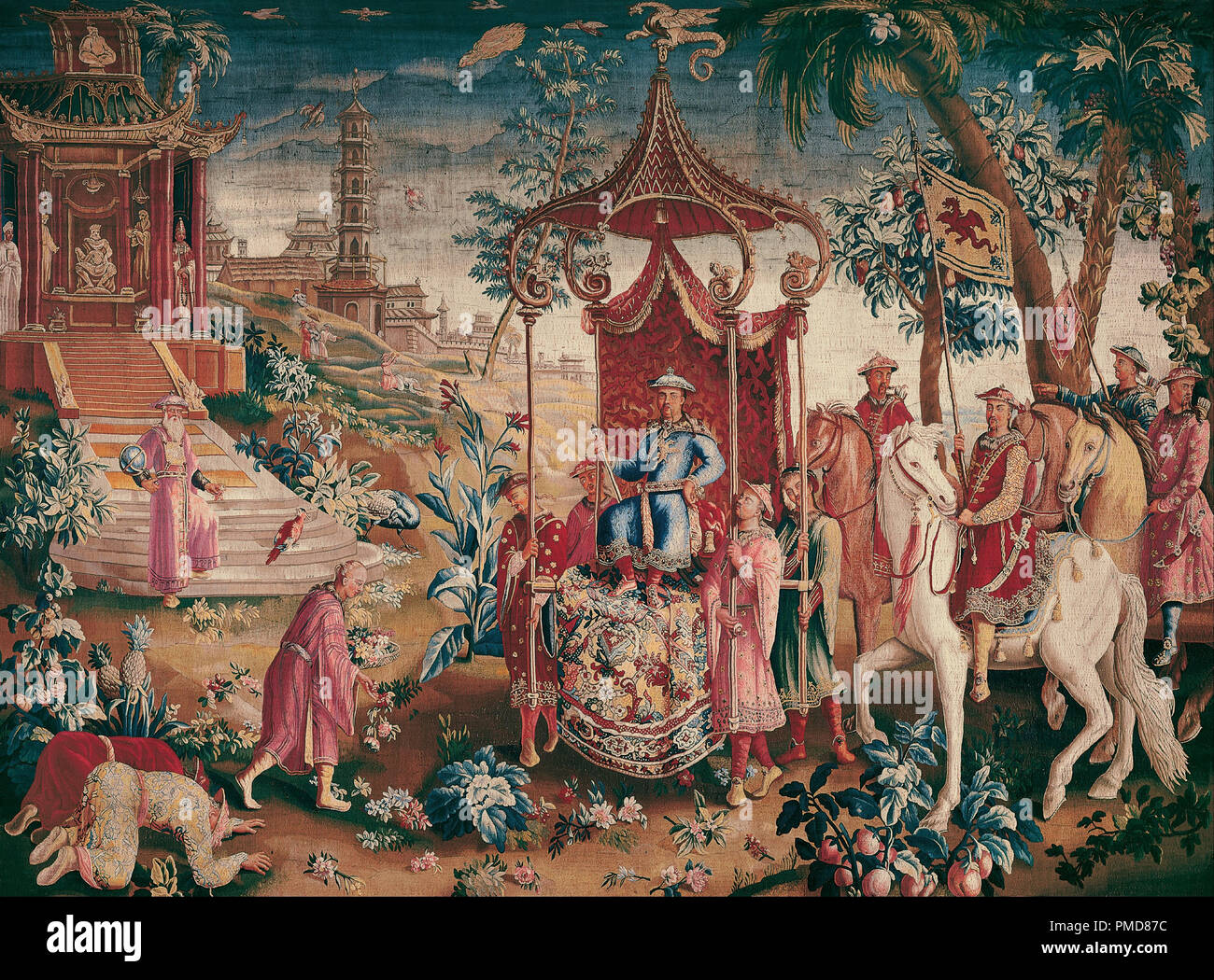 The Prince's Journey. Date/Period: 1700. Tapestry. Wool and silk. Height: 3,550 mm (11.64 ft); Width: 4,370 mm (14.33 ft). Author: Royal Beauvais Manufactory. ANONYMOUS. Stock Photo