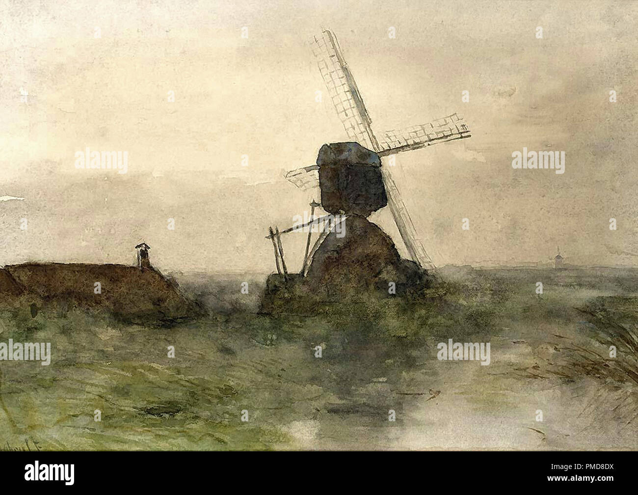 Um Moinho De Vento Em Uma Via Navegável Polder, Conhecido Como No Mês De  Julho, Por Paul Gabriel, C. 1889, Pintura Holandesa, Óleo Sobre Tela.  Gabriel Pintou Esta Paisagem De Verão Com