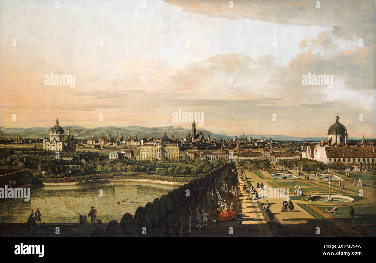 Vienna Viewed from the Belvedere Palace. Date/Period: From 1758 until 1761. Painting. Oil on canvas. Height: 135 cm (53.1 in); Width: 213 cm (83.8 in). Author: BERNARDO BELLOTTO. BELLOTTO, BERNARDO. Stock Photo