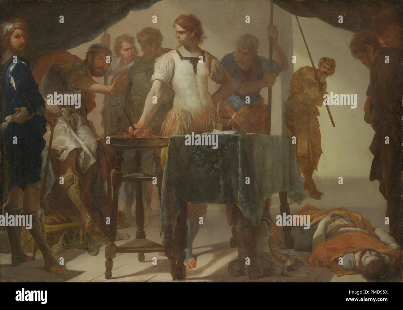 Mucius Scaevola Confronting King Porsenna. Date/Period: Ca. 1650. Painting. Oil on copper. Height: 61.20 mm (2.40 in); Width: 89.20 mm (3.51 in). Author: Bernardo Cavallino. CAVALLINO, BERNARDO. Stock Photo