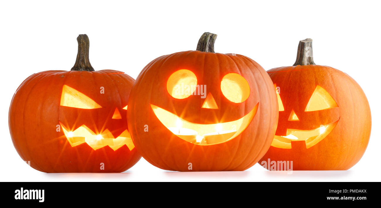 Three Halloween Pumpkins isolated on white background Stock Photo - Alamy