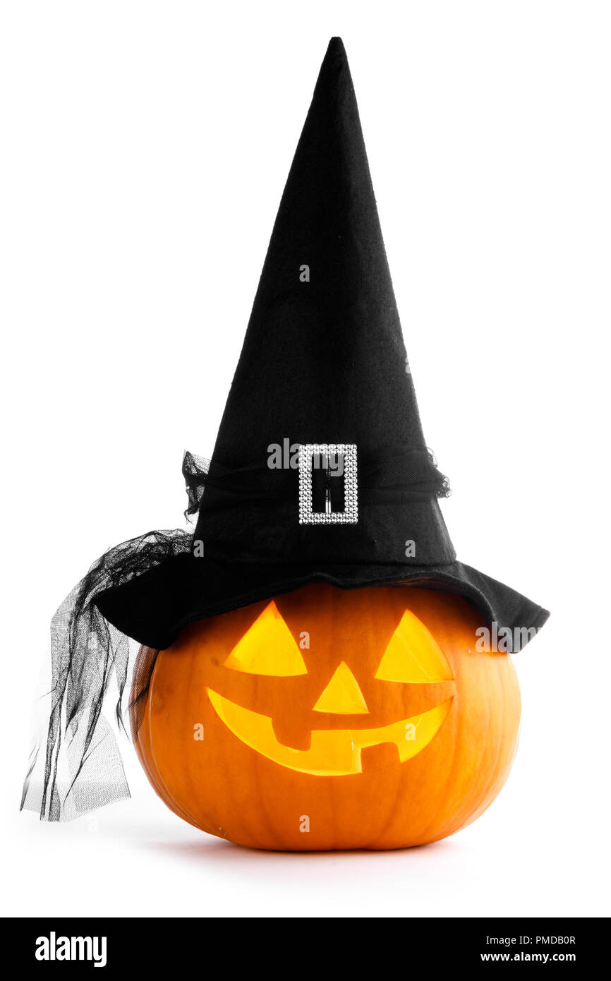 Jack O Lantern Halloween pumpkin with witches hat isolated on white ...