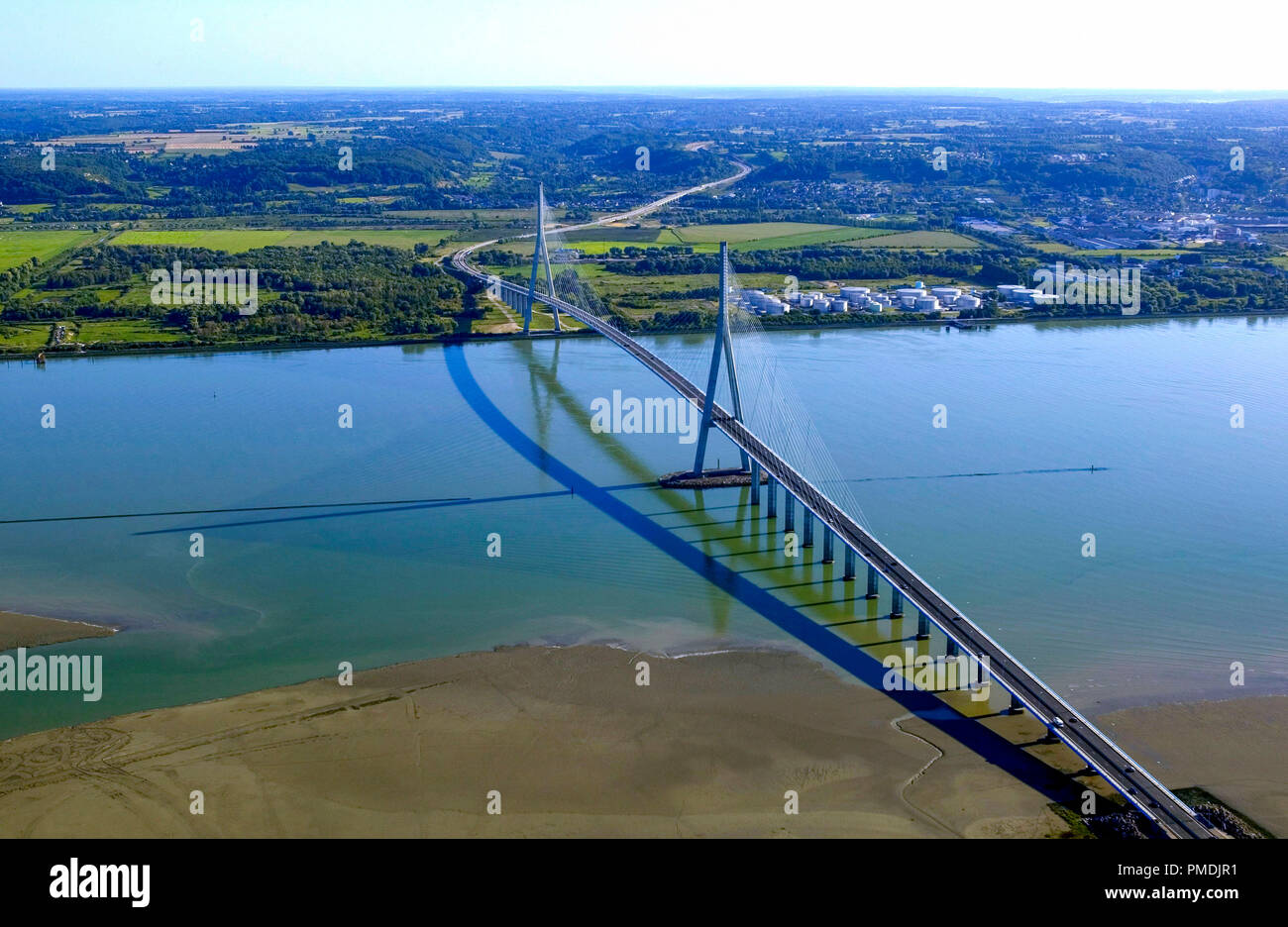 The Normandy Bridge ('pont de Normandie'), cable-stayed road bridge across the estuary of the River Seine linking Le Havre to Honfleur in Normandy. Stock Photo