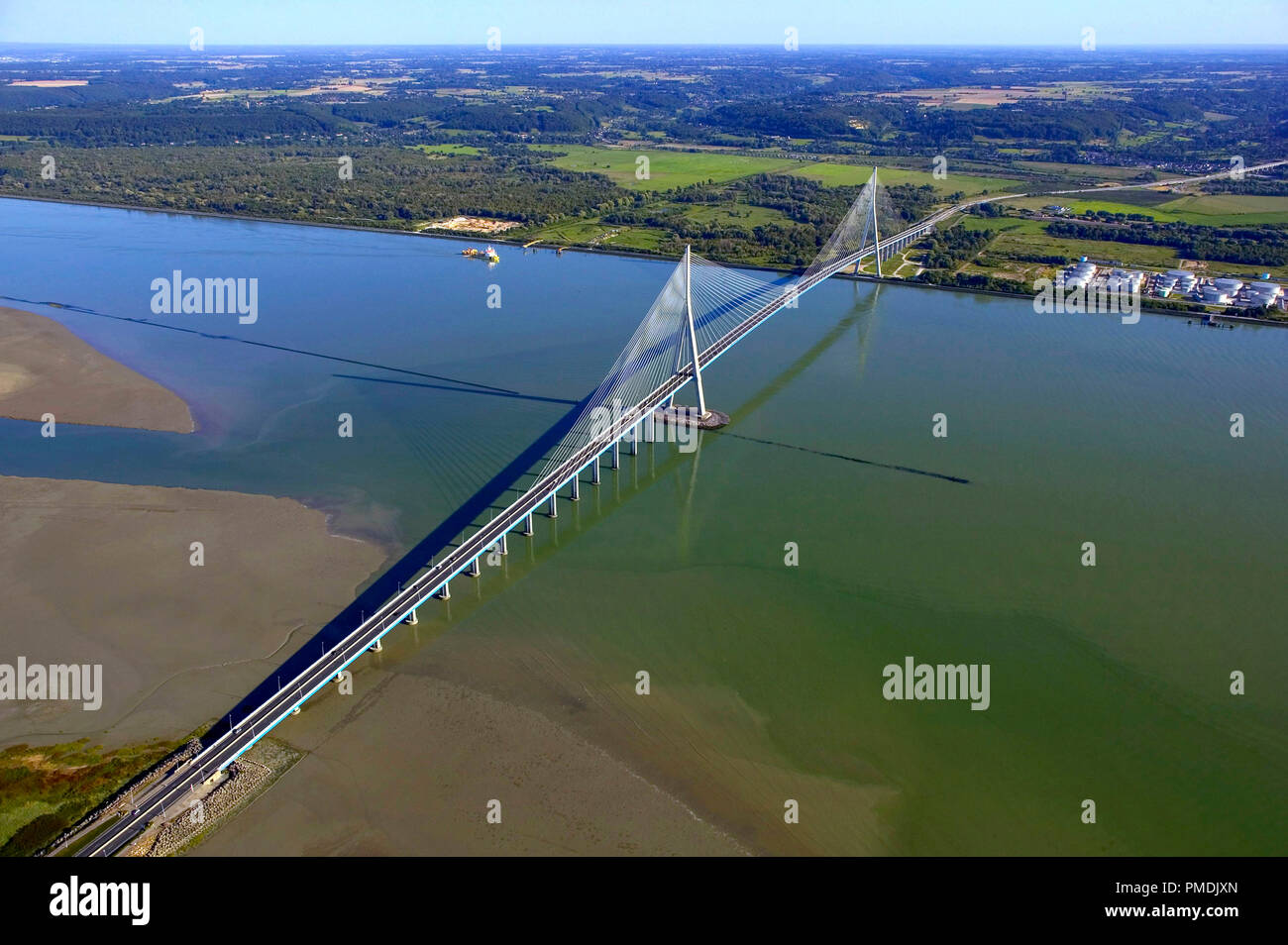 The Normandy Bridge ('pont de Normandie'), cable-stayed road bridge across the estuary of the River Seine linking Le Havre to Honfleur in Normandy. Stock Photo