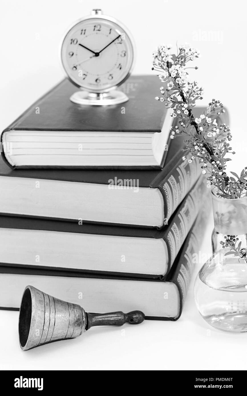 Time to read. A stack of the books, sprig of flowering plant in a glass flask, an old alarm clock and a retro bell on a light background Stock Photo