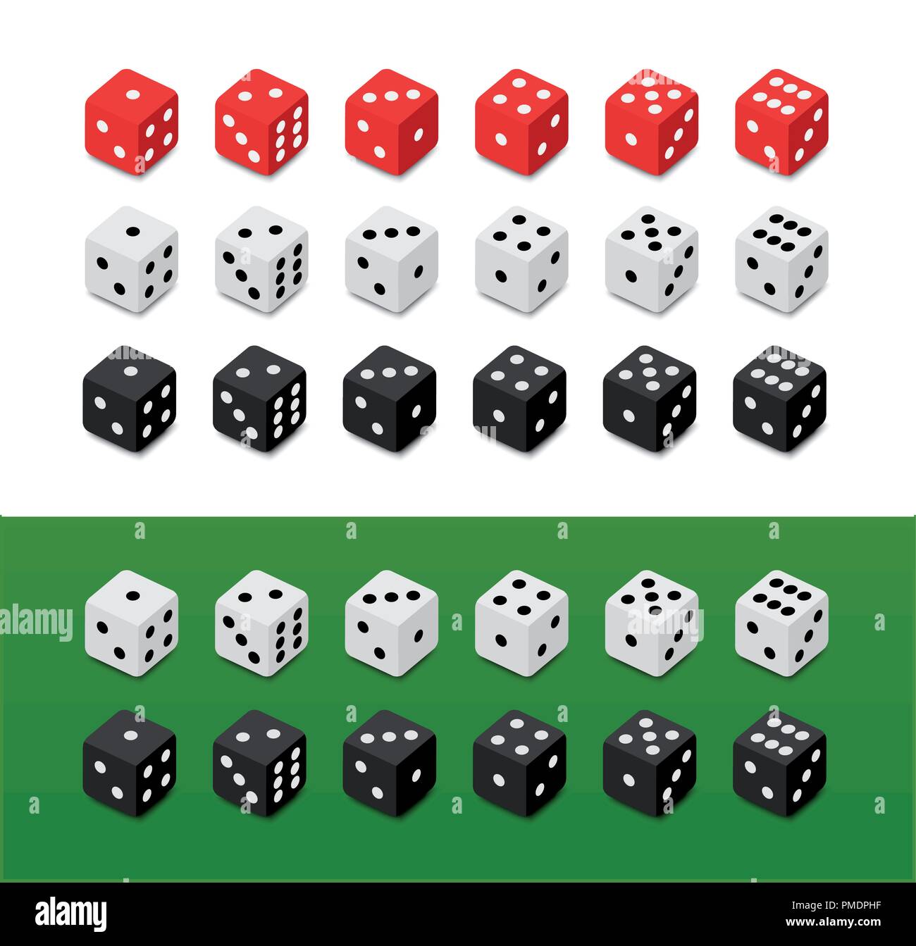 Set of vector Dice on different backgrounds. Red, White and Black dice