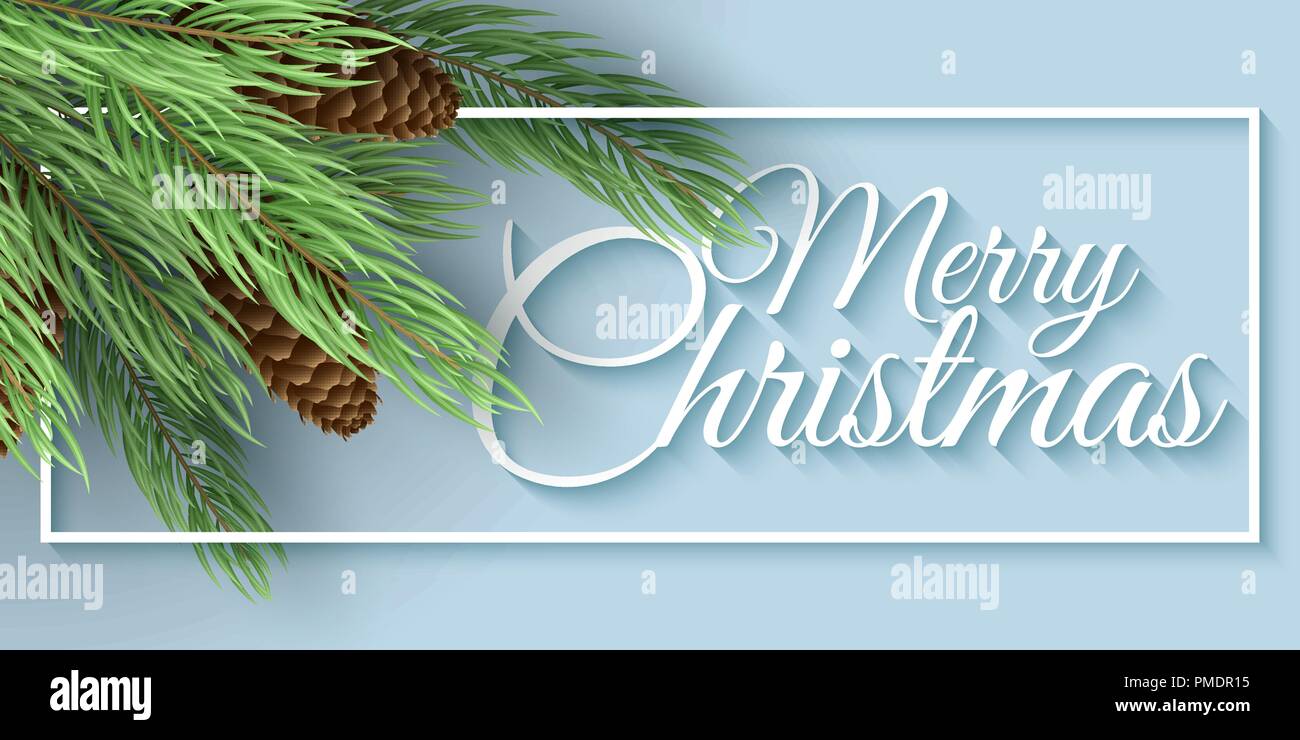 Merry Christmas Banner Christmas Tree With Cones White Frame