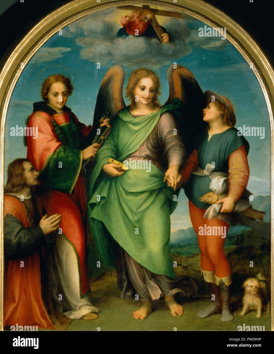 The Archangel Raphael with Tobias, St. Leonard and the Donor, Leonardo di Lorenzo Morelli. Date/Period: 1512. Painting. Oil on panel. Height: 1,780 mm (70.07 in); Width: 1,530 mm (60.23 in). Author: ANDREA DEL SARTO. SARTO, ANDREA DEL. Stock Photo