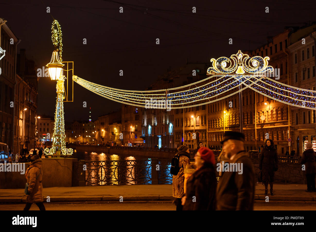 Saint Petersburg, Russia - January 1, 2018: Nevsky Prospect with Christmas illumination at night Stock Photo