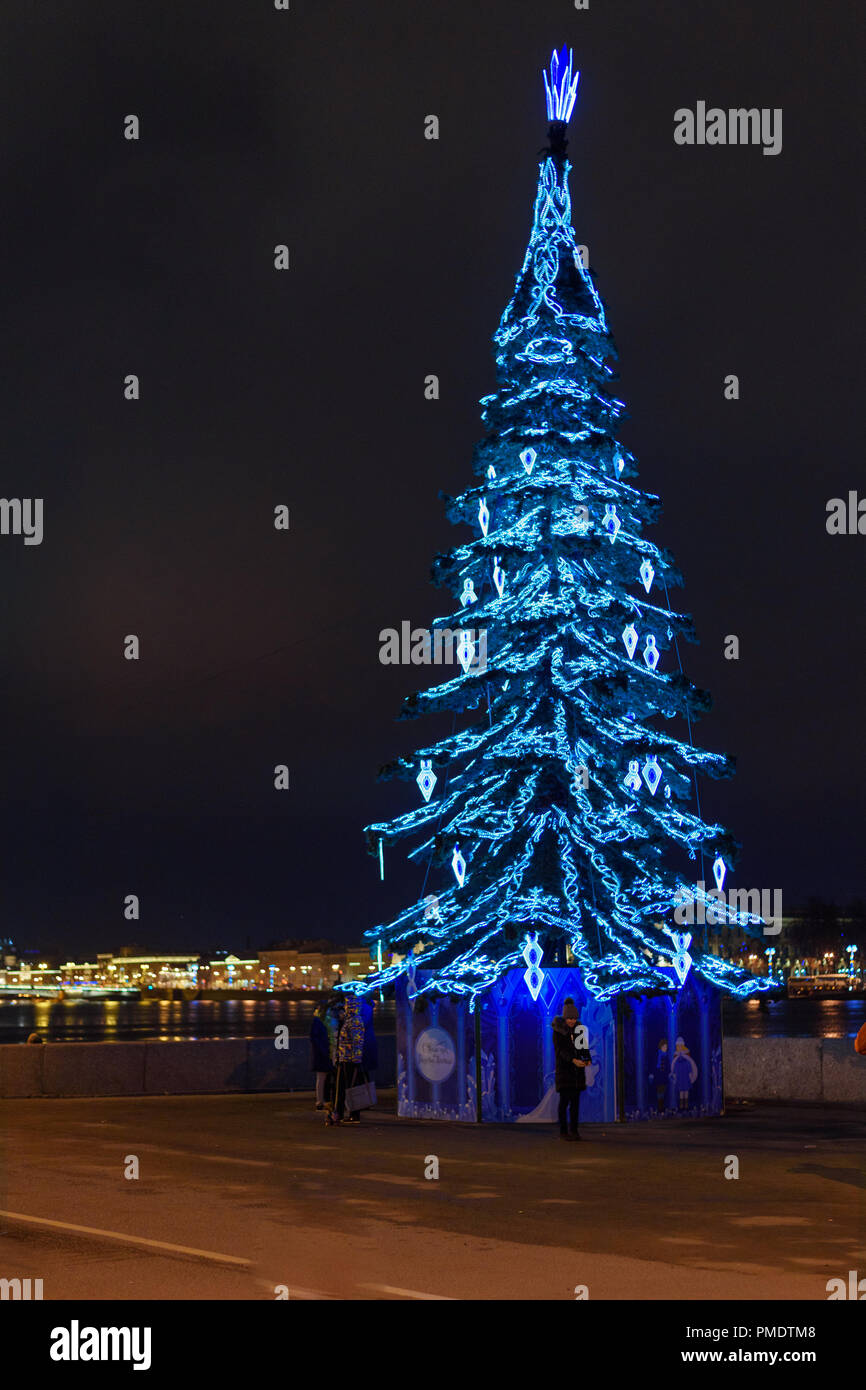 Saint Petersburg, Russia - January 1, 2018: Christmas tree on Admiralty Embankment at night Stock Photo