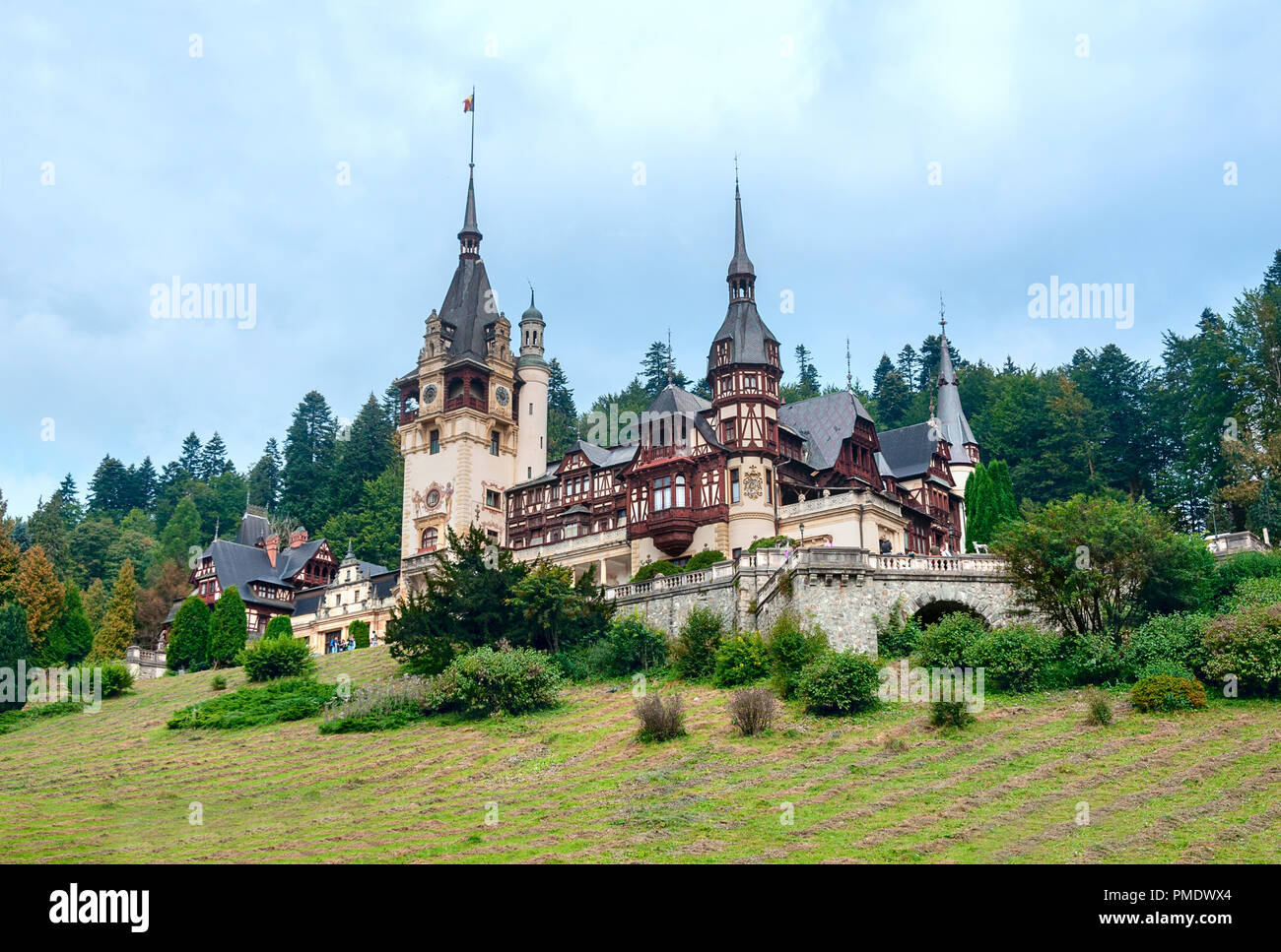 Peles castle in Sinaia, Romania. Kingdom residence in the Carpathian Mountains. Beautiful ancient castle in Neo-Renaissance style. Stock Photo