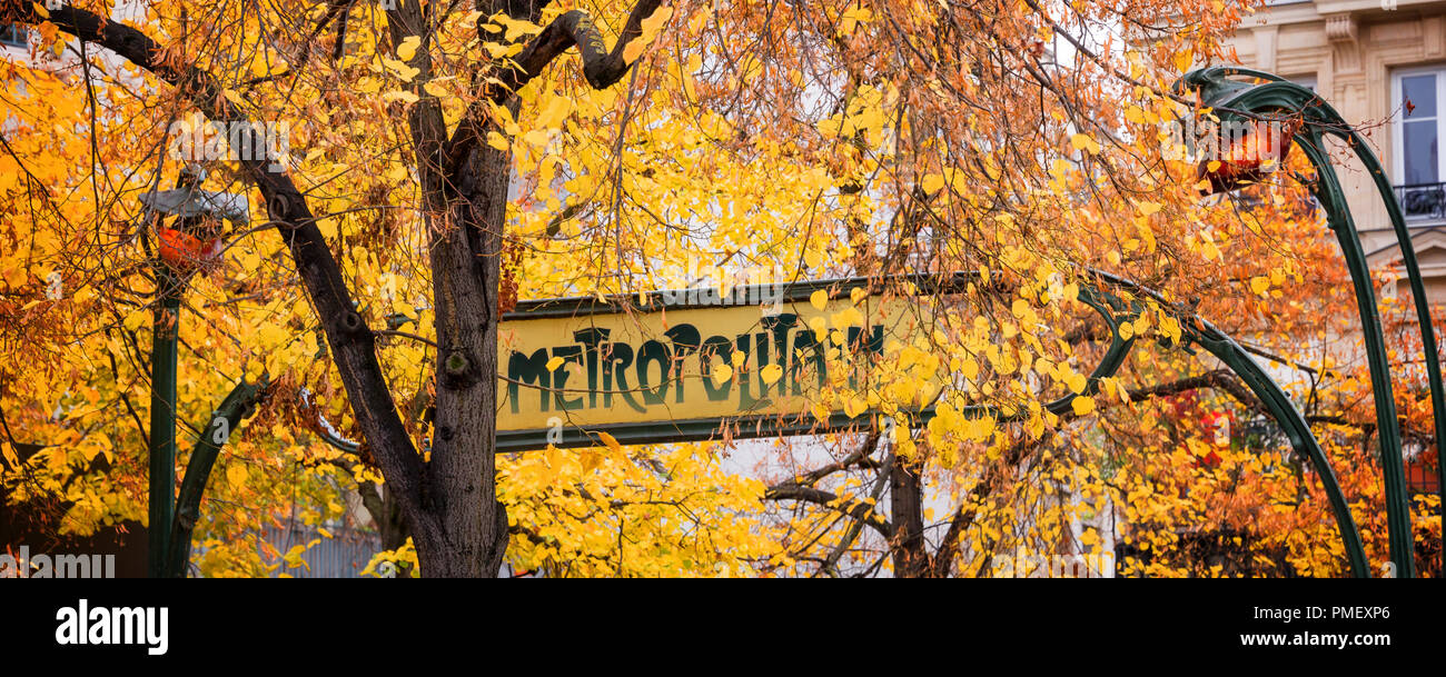 Paris Art nouveau Metropolitain sign in autumn, panorama Stock Photo