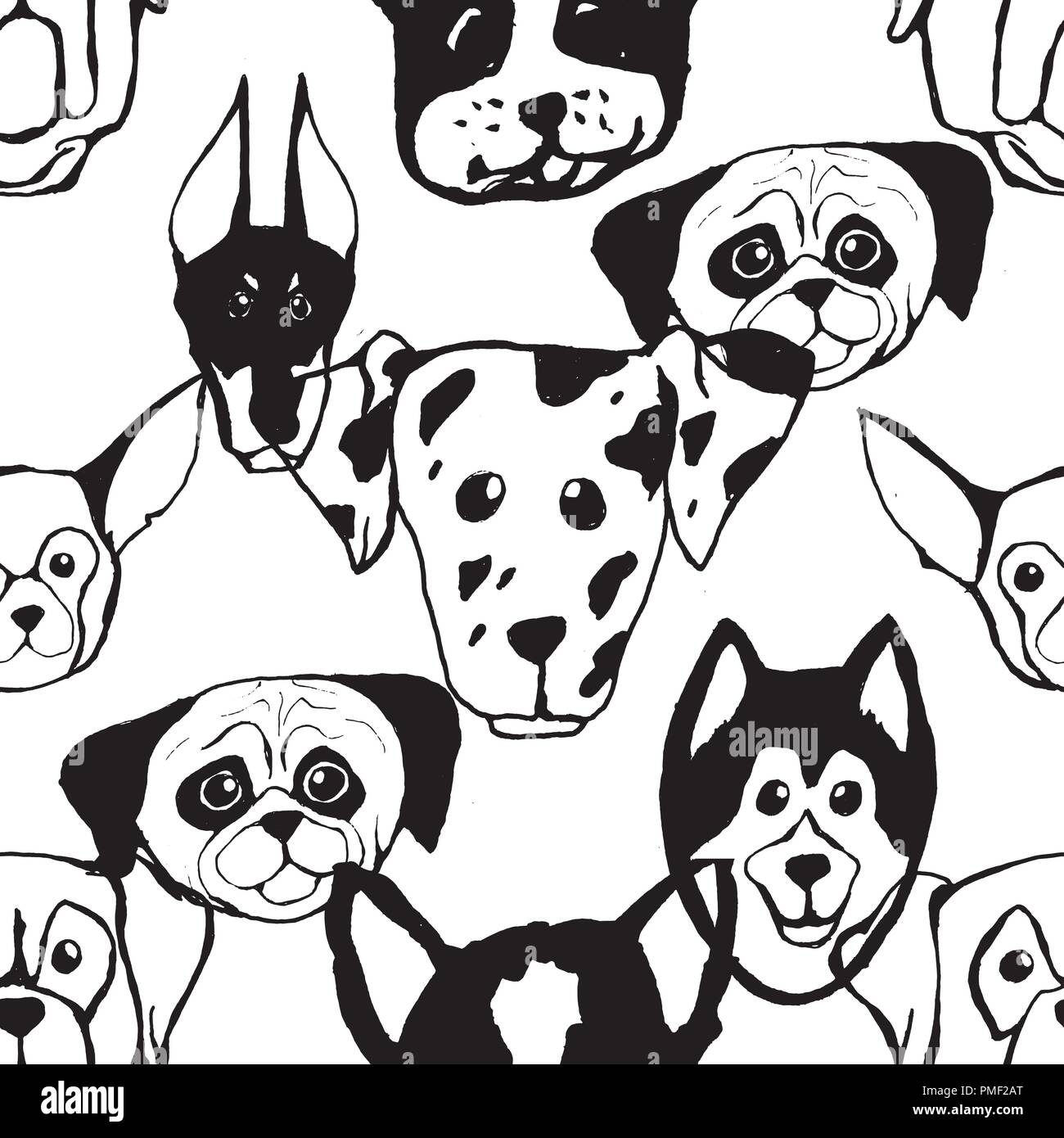 Seamless pattern with Dog breeds. Bulldog, Husky, Alaskan Malamute, Retriever, Doberman, Poodle, Pug, Shar Pei, Dalmatian Stock Vector