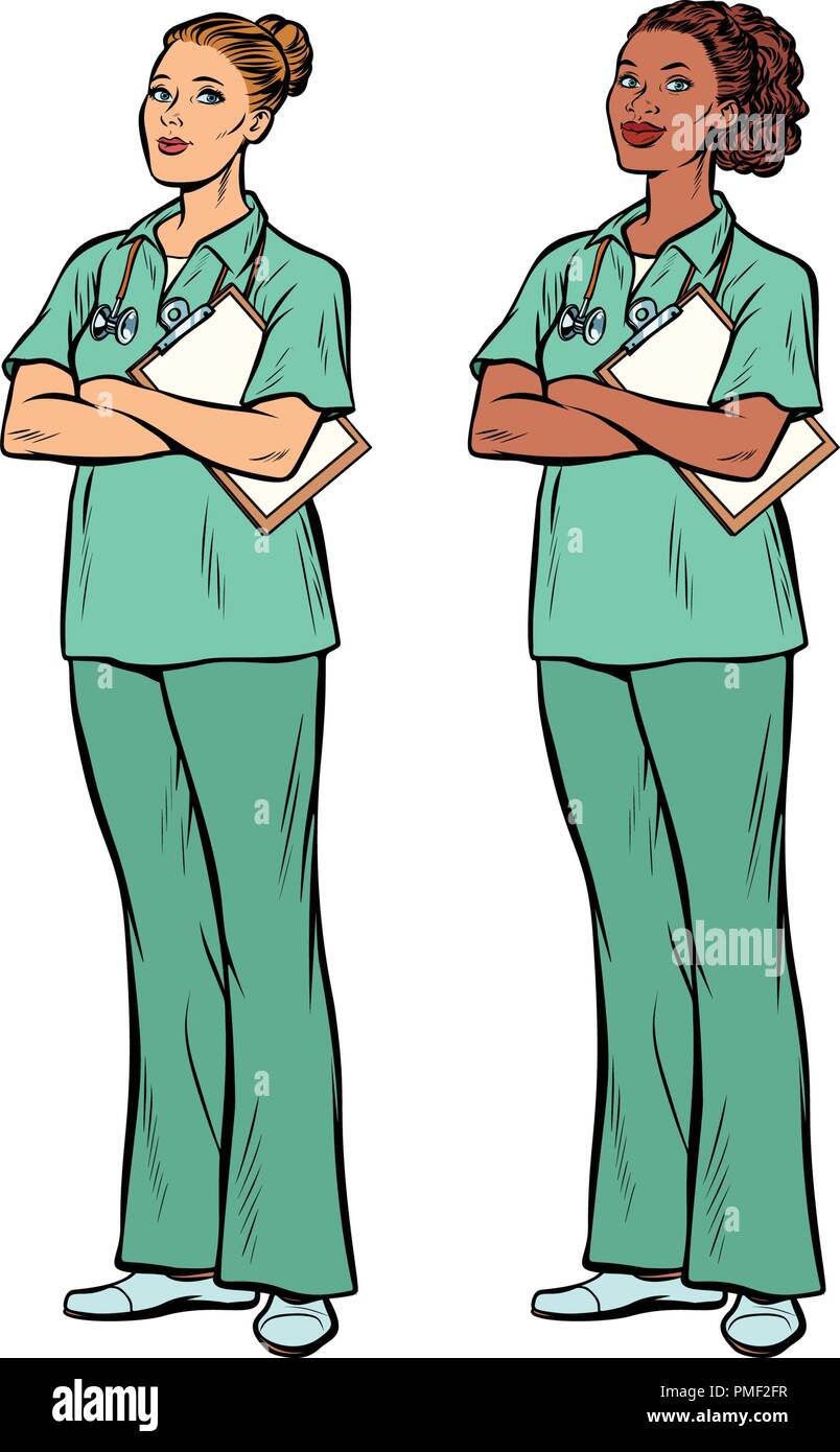 pop art nurse Caucasian and African. Medicine and health Stock Vector