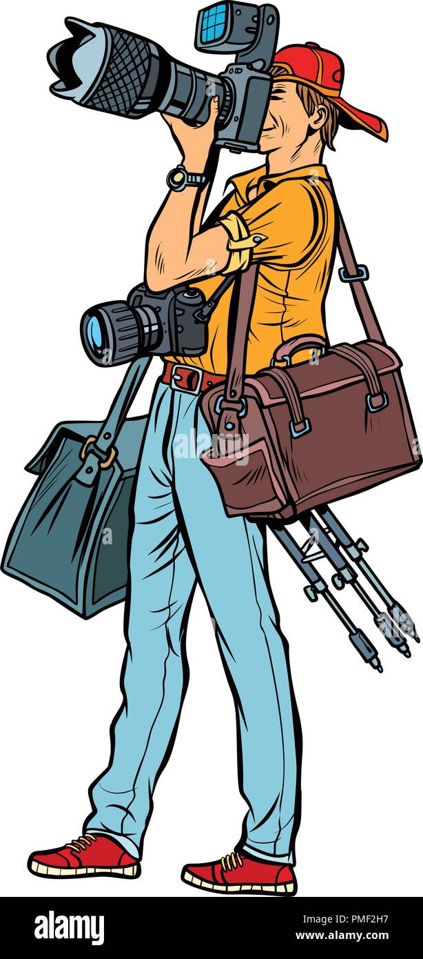 Professional photographer with camera and equipment. Isolate on  Stock Vector
