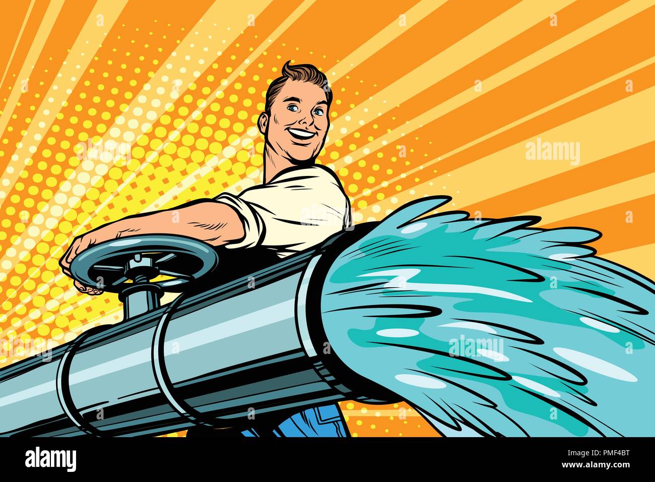 Irrigation and agriculture. A man opens a pipe with clean water Stock