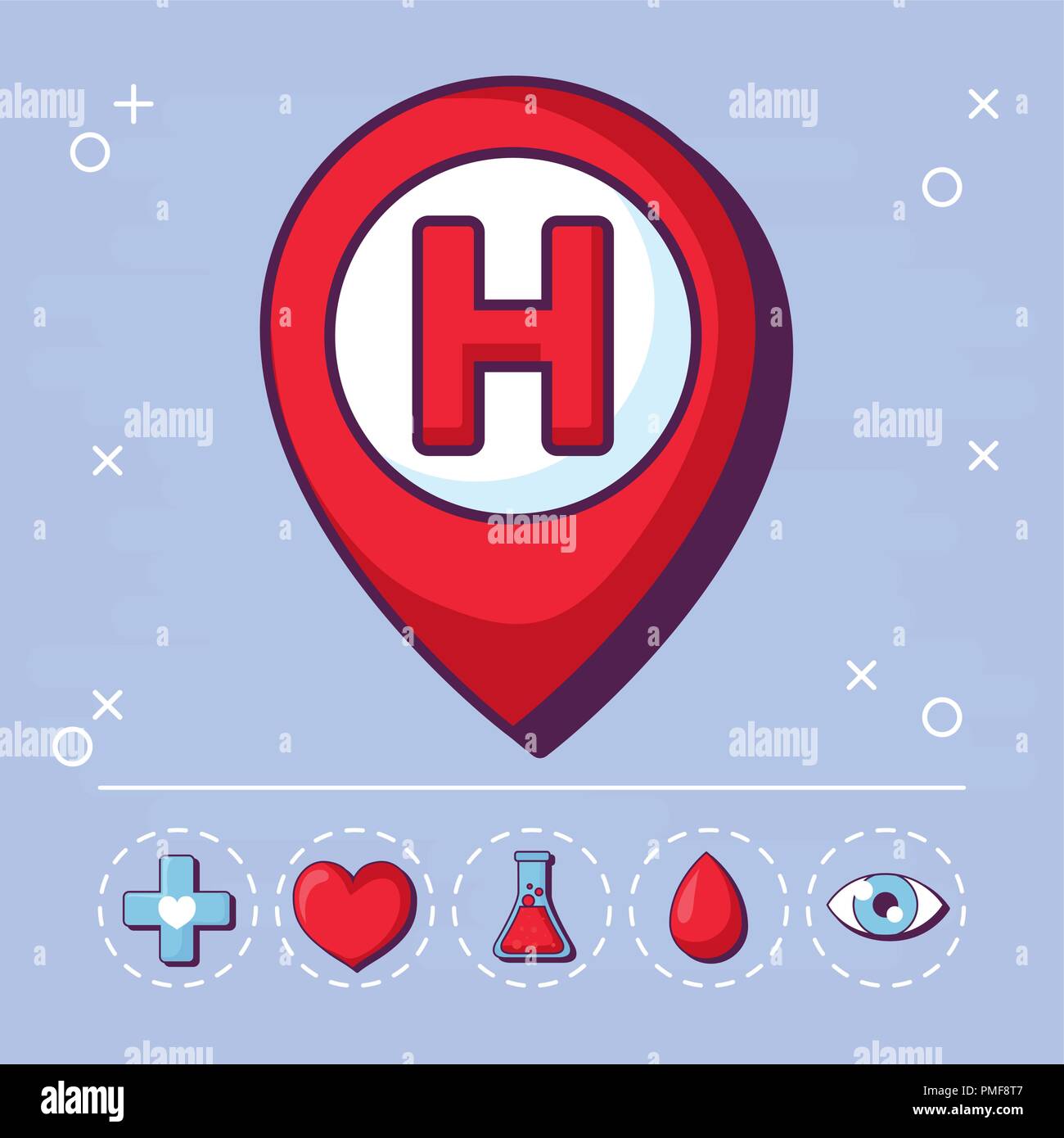 hospital location pin and medical related icons over purple background ...