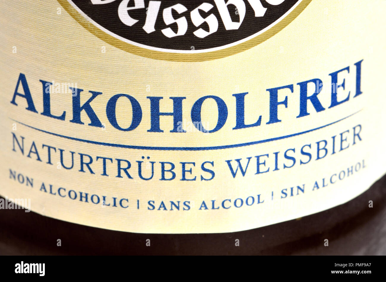 Alcoholfree beer German Weissbier multilingual label Stock Photo