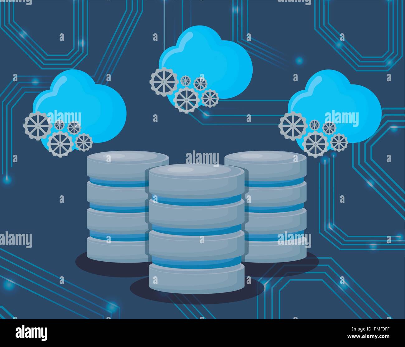 data servers and clouds with gear wheels over blue background, colorful ...