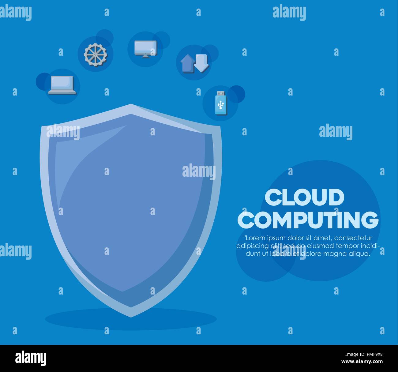 cloud computing infographic with shield and related icons over blue ...
