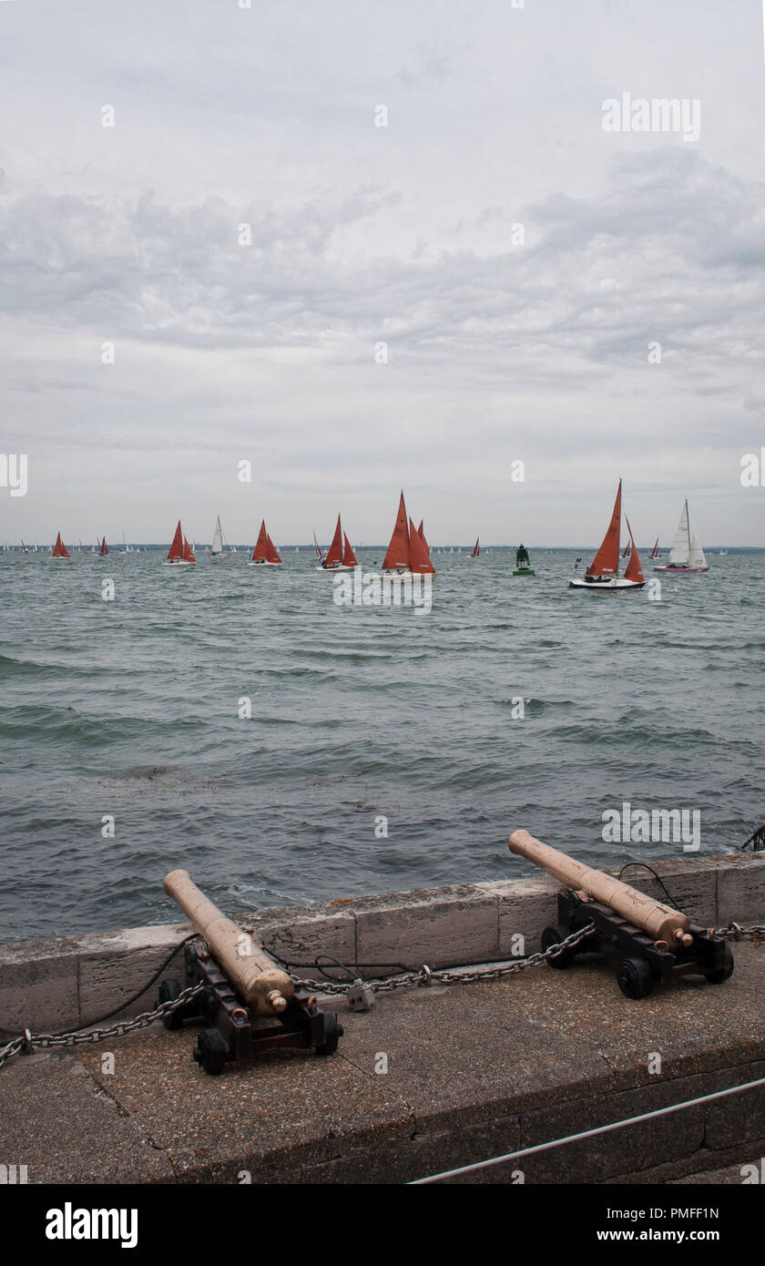 Yachts line up for start of race Cowes Week 2013, Cowes, Isle of Wight, Uk Stock Photo