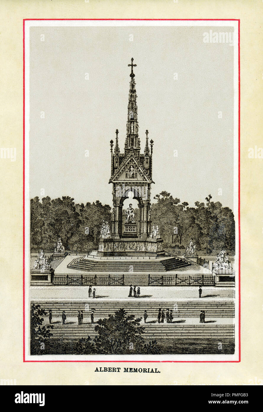 The Albert Memorial, 1883 high quality steel engraving of the statue in Kensington Gardens completed in 1872 commissioned by Queen Victoria in memory of her consort who died in 1861, designed by Sir George Gilbert Scott Stock Photo