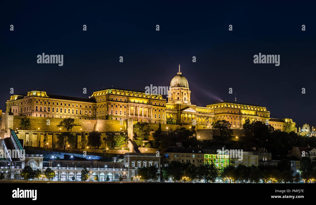 View of Budapest Castle at Night Stock Photo