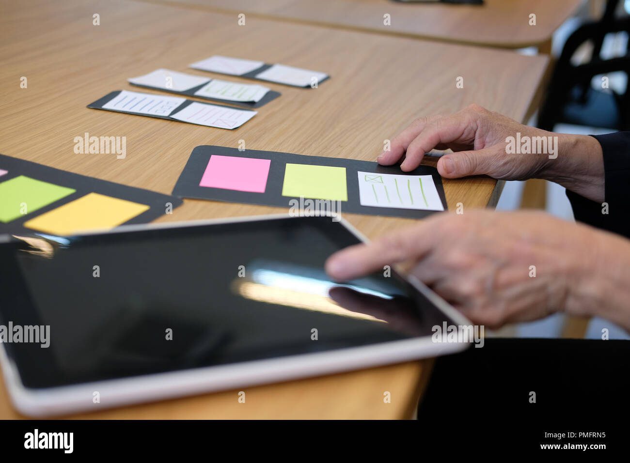 user experience workplace. UX designer desk with tablet layout. UI ...