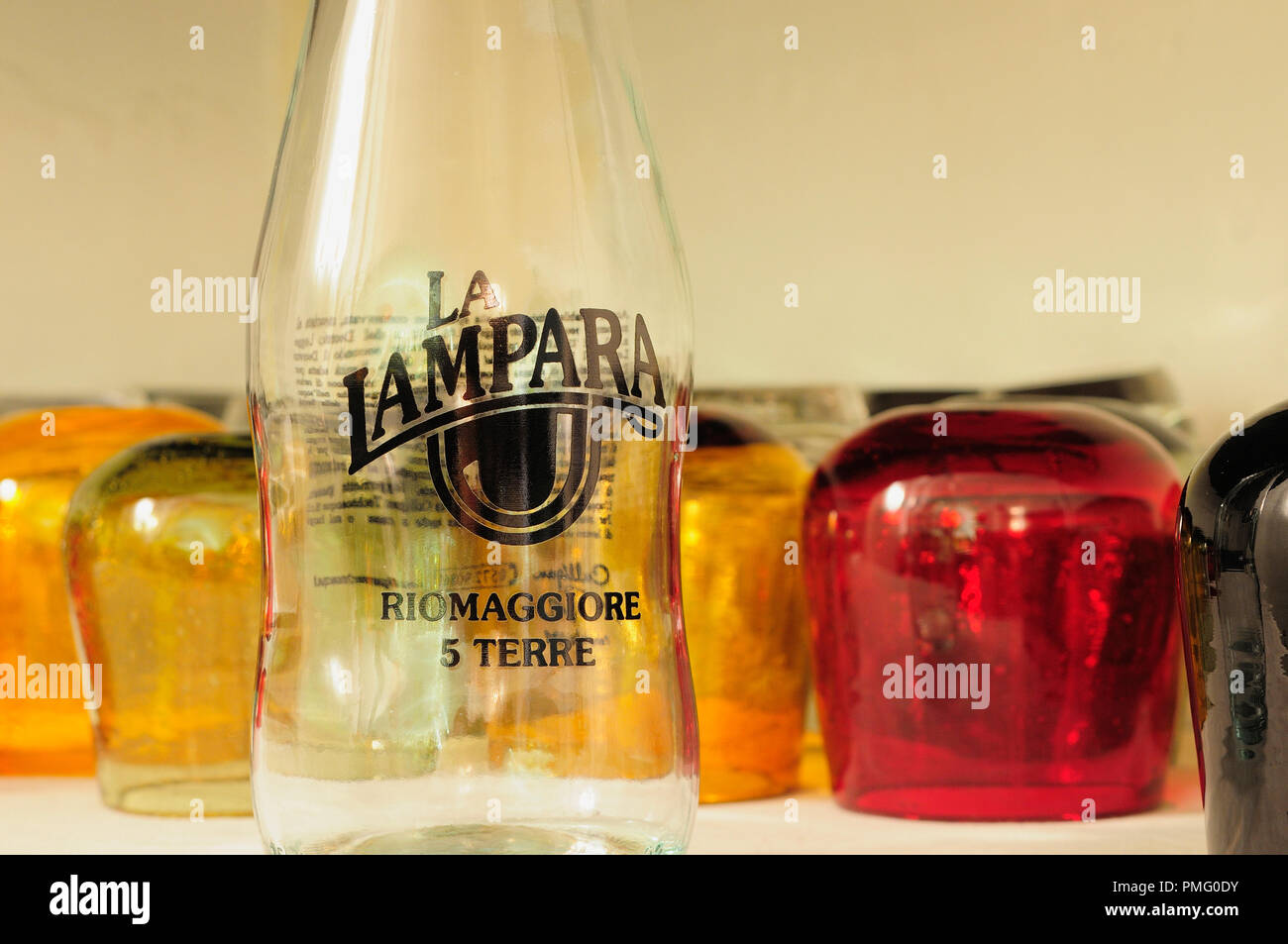 Italy, Liguria,Cinque Terre, Riomaggiore, La Lampara restaurant glass detail. Stock Photo