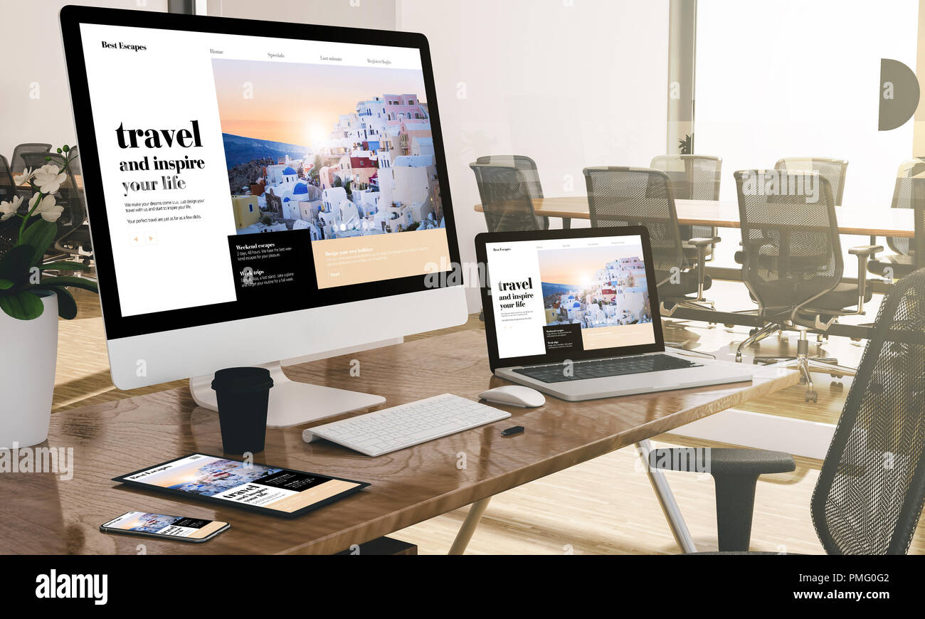 devices at modern office 3d rendering showing responsive travel blog website Stock Photo