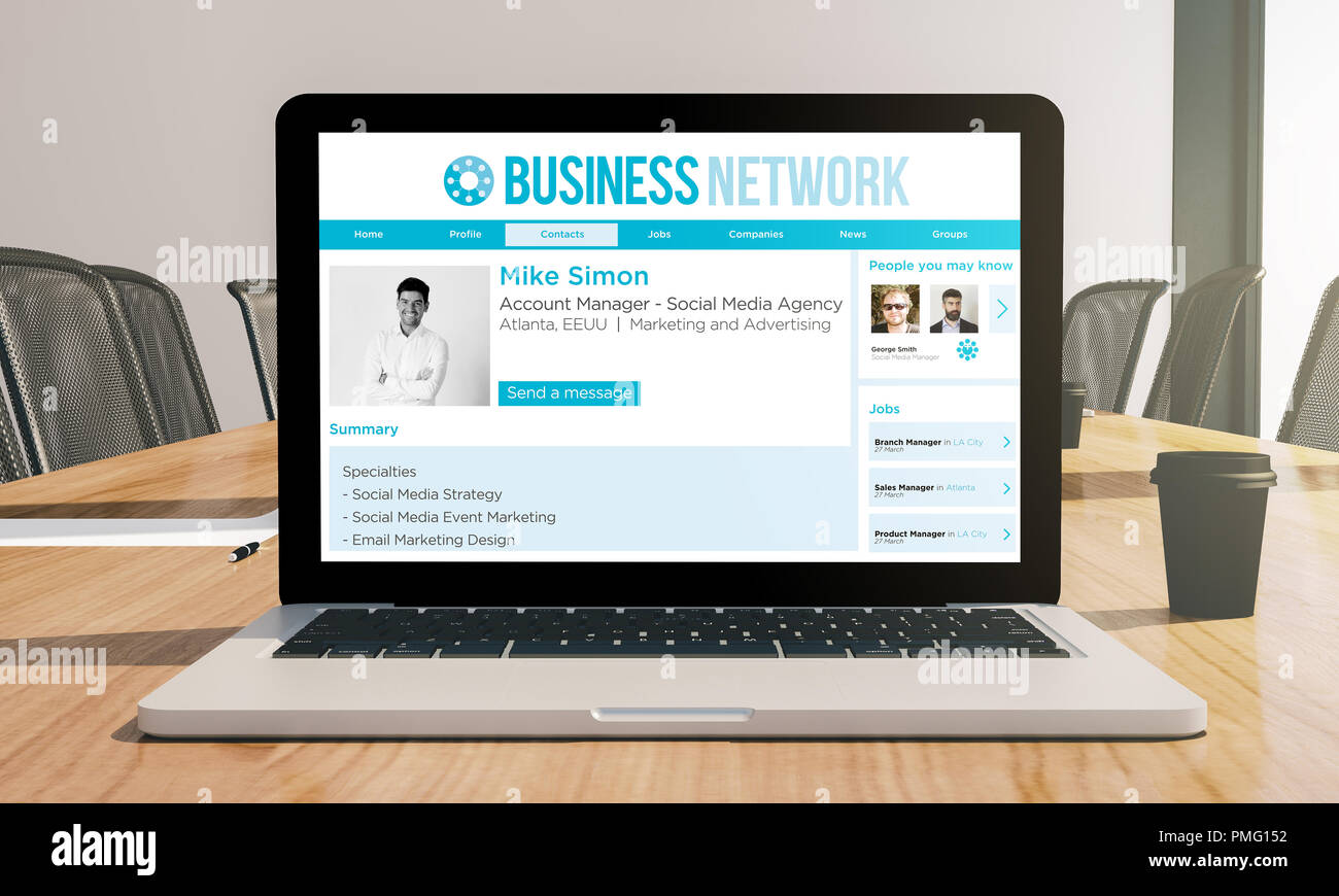 business network profile laptop mockup on conference room 3d rendering ...